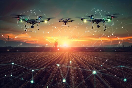 A futuristic image where drones hover above a field, connected by a web of white lines, indicating advanced agricultural automation and technology