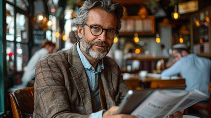 Businessman seated in a trendy coffee shop, reading the latest business news on his tablet, with the cafÃ©'s lively atmosphere providing the perfect backdrop realistic photo, high resolution ,