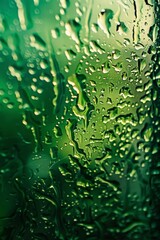  A layer of water mist and water droplets on the green transparent glass, natural 