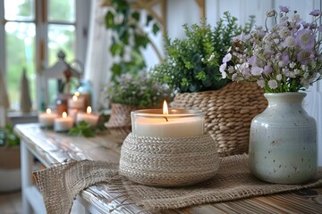 Cozy Home Decor with Candles and Floral Arrangements in a Naturally Lit Setting - Perfect for Interior Design or Relaxation Themes