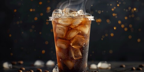  sparkling and refreshing ice coffee in an opened plastic cup, dark food photoshoot 