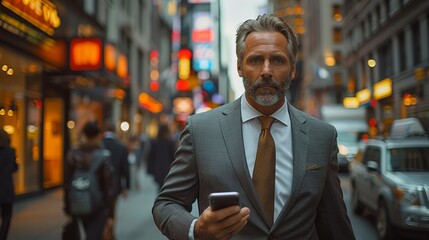 Fototapeta premium Businessman walking along a busy city street, phone in hand and a look of determination on his face, representing the drive and ambition of urban professionals realistic photo, high resolution ,