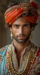 Obraz premium Mughal style photo of a handsome man with brown hair and a short beard, wearing the traditional long embroidered garment for men. a young indian man in traditional indian clothing in turban.