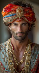 Obraz premium Mughal style photo of a handsome man with brown hair and a short beard, wearing the traditional long embroidered garment for men. a young indian man in traditional indian clothing in turban.