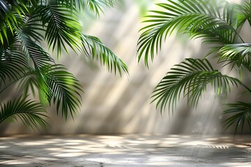 Obraz premium Tropical Greenery Shadows in Sunlit Space - Nature Backdrop Design for Posters, Cards, and Prints