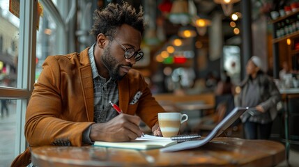 Businessman seated at a coffee shop table, writing in a notebook and sipping a latte, immersed in his work and the caf&Atilde;&copy;'s inviting atmosphere realistic photo, high resolution , Minimalism,