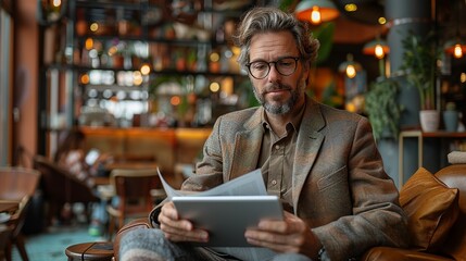 Businessman sitting in a trendy coffee shop, reading the latest business news on his tablet, with the cafÃ©'s vibrant atmosphere providing the perfect work setting realistic photo, high resolution ,