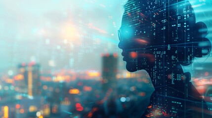 Woman Silhouette in a Cityscape with Digital Overlay