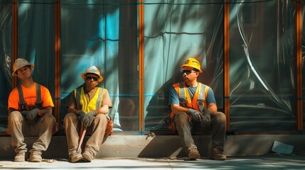 A reflective image of construction workers resting in the shade during a hot day's work, showcasing the importance of breaks and well-being.