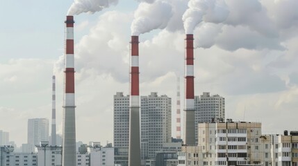 Obraz premium Urban skyline obscured by pollution from coal power plants, emphasizing the severe atmospheric consequences of industrial emissions