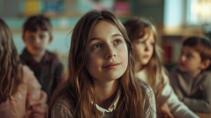A young, self-assured primary school teacher with her new students in a school classroom.