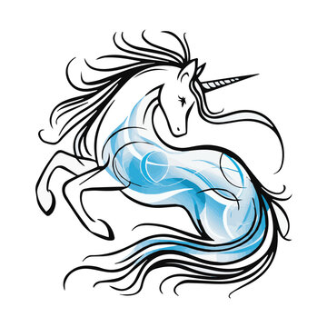 recommend clip art: A white unicorn with a black line art design and a flowing blue tail