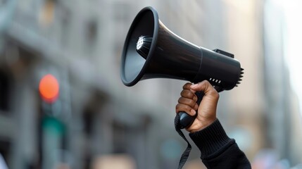 Close-up of a protester's hand holding a megaphone, representing the amplified voices of a movement for social justice