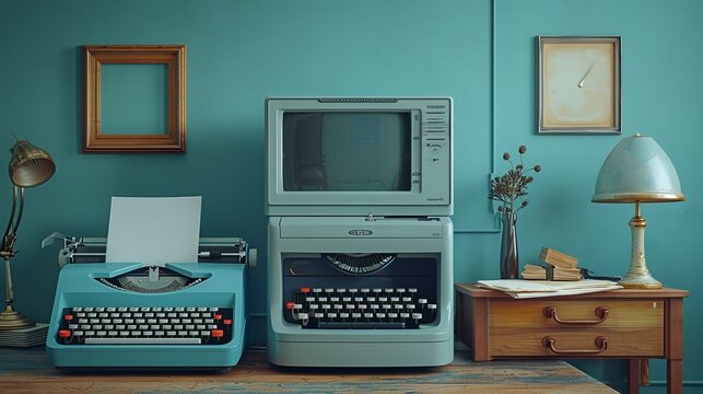Professional using a high-tech scanner to digitize documents, with a vintage typewriter nearby, showcasing the progression of office technology realistic photo, high resolution , Minimalism,
