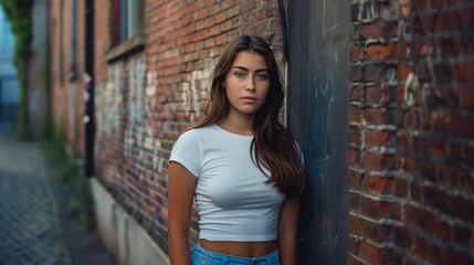 Naklejka premium Model posing in plain tshirt against street wall.