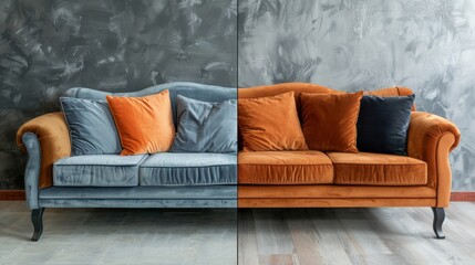 split-screen of old worn-out velvet sofa and brand new vibrant orange sofa with grey wall background and textured wallpaper design showcasing contrast in condition and style
