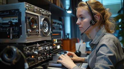 Businesswoman using a digital voice recorder for meeting notes, with a vintage tape recorder displayed on her desk, illustrating the evolution of audio recording devices realistic photo, high