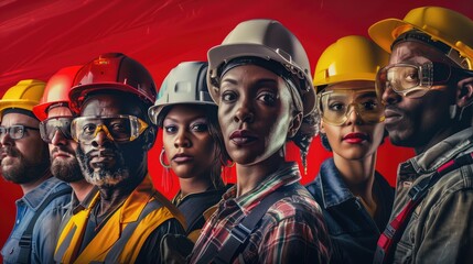 Digital artwork of industrial workers, men and women in safety gear against a red backdrop, honoring the spirit of Labor Day and the importance of industrial labor.