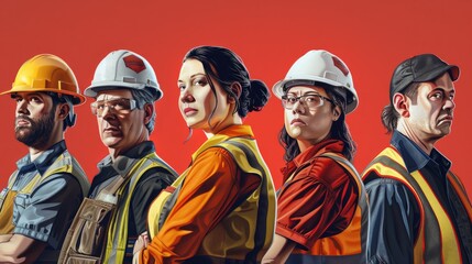 Digital artwork of industrial workers, men and women in safety gear against a red backdrop, honoring the spirit of Labor Day and the importance of industrial labor.