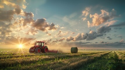 Farmer on tractor collecting grass into bales after mowing, blue sky with clouds at sunset, Earth Hour concept and idea about importance of agriculture in economy and ecosystems, Labor Day poster.