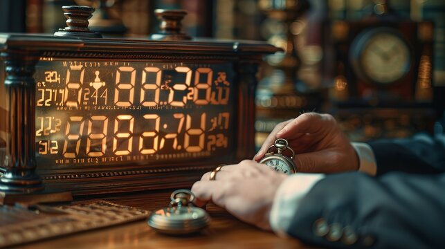 Professional using a digital clock to manage time, with an antique pocket watch displayed on his desk, symbolizing the evolution of time management tools realistic photo, high resolution , Minimalism,