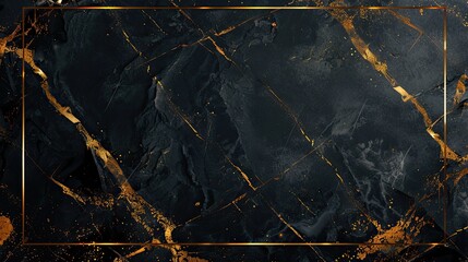 Luxurious black marble surface featuring gold edge detailing, with ample space in the center for visuals or text, ideal for upscale presentations.