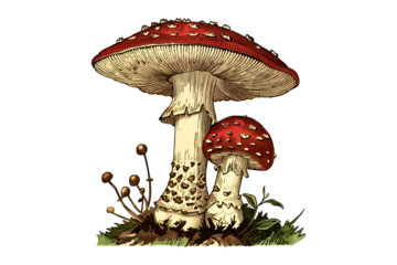 A drawing of a group of three red mushrooms and three orange pumpkins