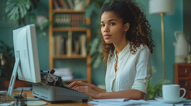 Businesswoman using a high-tech scanner to digitize documents, with a vintage typewriter nearby, showcasing the progression of office technology realistic photo, high resolution , Minimalism,