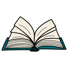 Hand drawn cartoon open book on white background.
