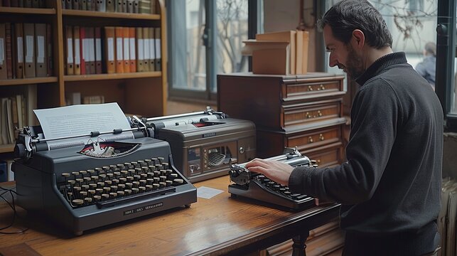 Entrepreneur using a high-tech scanner to digitize documents, with a vintage typewriter nearby, showcasing the progression of office technology realistic photo, high resolution , Minimalism,