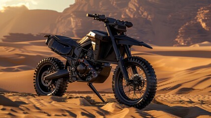 Black motorcycle parked in desert.
