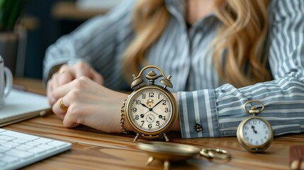 Entrepreneur using a digital clock to manage time, with an antique pocket watch displayed on her desk, symbolizing the evolution of time management tools realistic photo, high resolution , Minimalism,