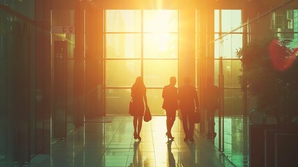 Silhouette of business people standing in office building with sunlight 