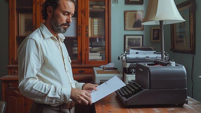 Businessman using a high-tech scanner to digitize documents, with a vintage typewriter nearby, showcasing the progression of office technology realistic photo, high resolution , Minimalism,