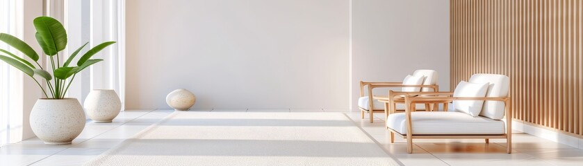 Minimalist Living Room Interior Design with Wooden Wall and White Chairs.