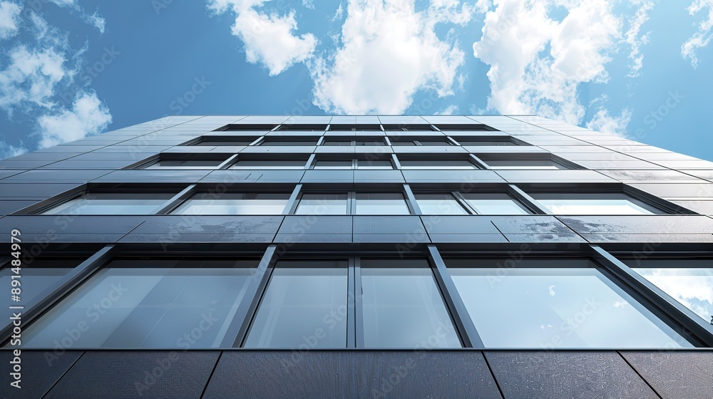 Wall mural Graphite facade and large windows on a fragment of an office building against a blue sky=