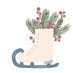 Skates with winter berries and evergreen branch. Cute winter holiday isolated illustration. Hand drawn doodle flat seasonal Christmas design element