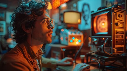 Obraz premium Professional using a modern projector to display a presentation, while a vintage slide projector is set up in the background, highlighting the advancement of visual aids in business realistic photo,