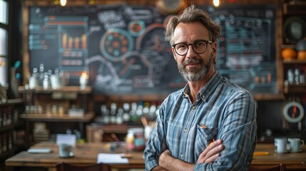 Entrepreneur presenting data on a digital whiteboard while an old chalkboard stands in the background, merging the traditional and modern methods of presenting information realistic photo, high