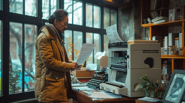 Professional using a high-tech scanner to digitize documents, with a vintage typewriter nearby, showcasing the progression of office technology realistic photo, high resolution , Minimalism,