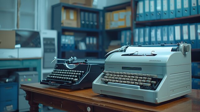 Professional using a high-tech scanner to digitize documents, with a vintage typewriter nearby, showcasing the progression of office technology realistic photo, high resolution , Minimalism,