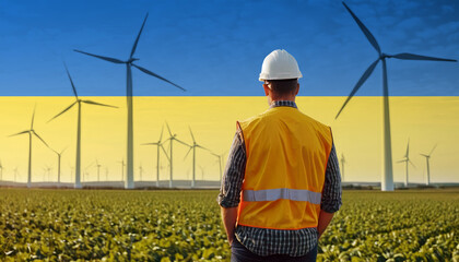 A worker in a hard hat and safety vest stands in front of a wind farm, with the Ukraine flag superimposed, symbolizing renewable energy.