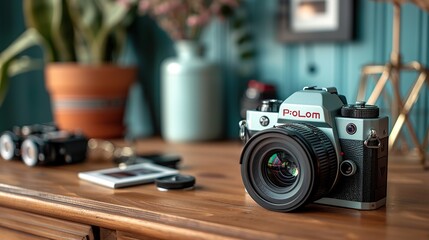 Professional using a sleek digital camera to take business photos, while a vintage Polaroid camera is displayed on his desk, highlighting the advancement in photography technology realistic photo,