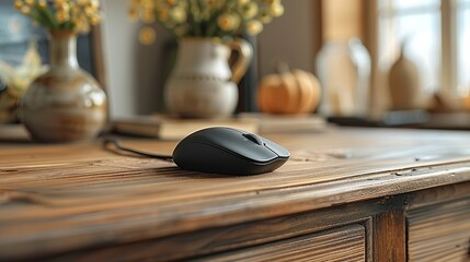 Professional using a high-tech wireless mouse with a vintage wooden desk, showing the harmony between modern technology and classic office furniture realistic photo, high resolution , Minimalism,