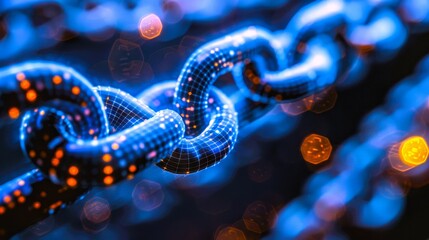 Close-up of a futuristic digital chain link glowing in blue and orange lights, representing technology and connectivity.