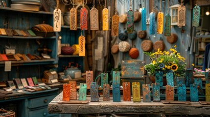 Colorful handmade tags and crafts displayed in a charming market setting, showcasing artisan creativity and vibrant designs.