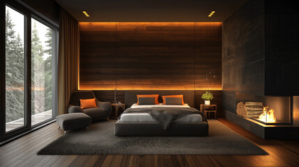 Luxurious Woodland Bedroom With Fireplace And Large Windows: Cozy And Elegant Space Featuring Warm Lighting And Rich Textures