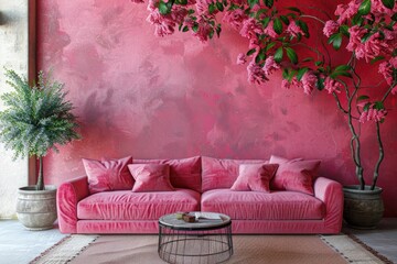 A pink couch is in a room with a pink wall and a pink tree