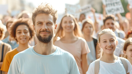 Fototapeta premium A joyful bearded man leading a crowd of protesters on the street, smiling during a public rally for civil rights and freedom, the power of unity and collective activism in an urban demonstration.