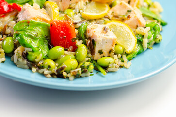 A plate of food with a piece of tuna and a lemon wedge